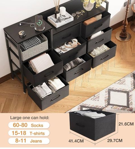 Black Chest of Drawers Bedroom, 8 Fabric Drawers, 30x132x88cm Contains 2 USB & 2 AC Ports Sockets, Storage Dresser with 8 Fabric Drawers Suitable for Bedrooms, Living Rooms