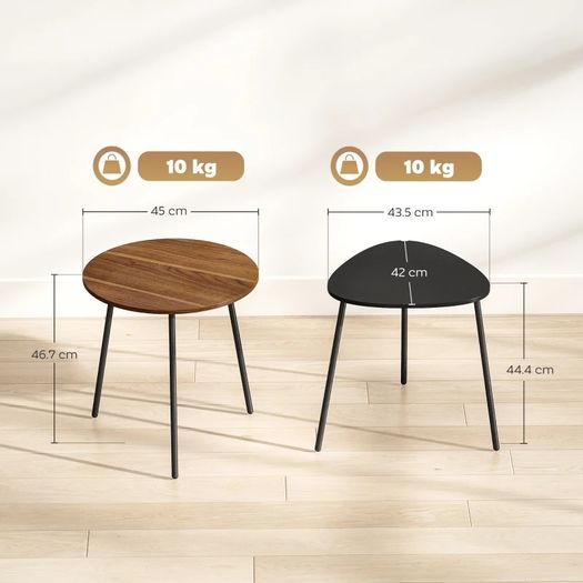 Set of 2 nesting coffee tables, contemporary metal frame side tables, round and triangular, walnut and black