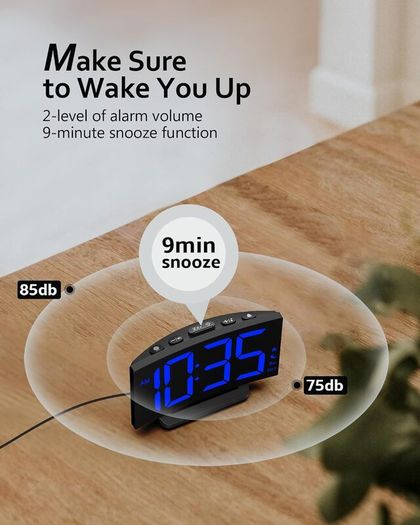 Digital Alarm Clock for Bedrooms with Modern Curved Design, Conspicuous Blue LED Numbers, 6 Levels Brightness, 2 Volume, 3 Alarm Tones, Snooze, Power-Off Memory, 12/24H, Bedside Clock