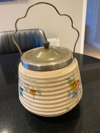 Bramley vintage ribbed biscuit barrel with  silver plated lid .