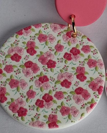 Pink & White Blossom Motif Round Earrings