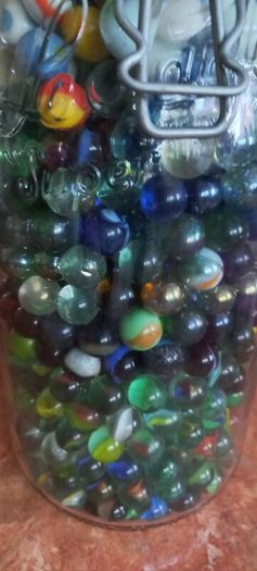 Antique collection of old marbles in large clip sealed jar it's full to the top loft find from very old house in France Beautiful