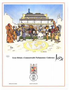 1986 Great Britain Limited Edition Lithographed Print measuring 333mm X 257mm showing Commonwealth Parliamentary Association Conference Commemorative stamps with First Day of Issue Cancel