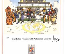 1986 Great Britain Limited Edition Lithographed Print measuring 333mm X 257mm showing Commonwealth Parliamentary Association Conference Commemorative stamps with First Day of Issue Cancel