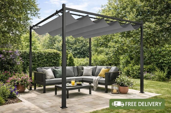 3m x 3m Retractable Garden Pergola with Canopy Roof  Steel Outdoor Patio Shelter