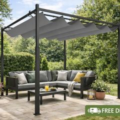 3m x 3m Retractable Garden Pergola with Canopy Roof  Steel Outdoor Patio Shelter