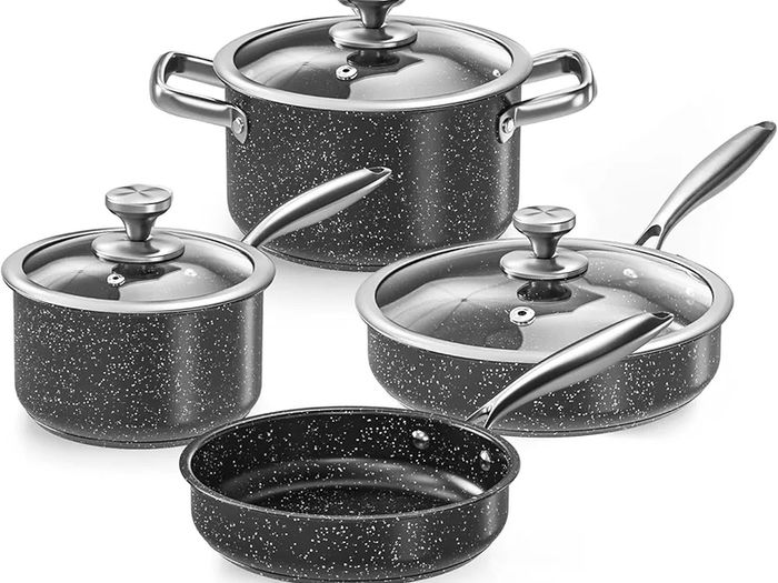 Stainless Steel Pots and Pans Set, 7-Piece Induction Hob Pan Set with Stay Cool Handles, Nonstick Saucepan Set Cooking Pans Set with Glass Lids, Black Granite Kitchen Cookware Set, PFOS & PFOA Free