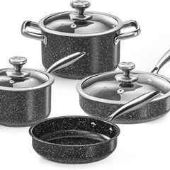 Stainless Steel Pots and Pans Set, 7-Piece Induction Hob Pan Set with Stay Cool Handles, Nonstick Saucepan Set Cooking Pans Set with Glass Lids, Black Granite Kitchen Cookware Set, PFOS & PFOA Free