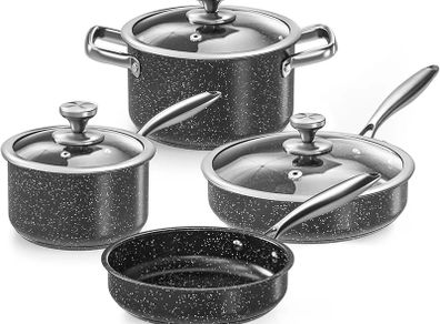 Stainless Steel Pots and Pans Set, 7-Piece Induction Hob Pan Set with Stay Cool Handles, Nonstick Saucepan Set Cooking Pans Set with Glass Lids, Black Granite Kitchen Cookware Set, PFOS & PFOA Free