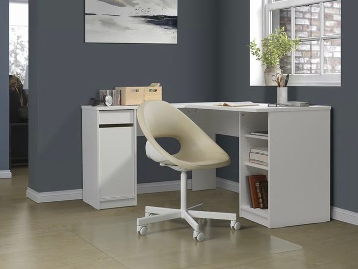 White corner desk with shelving
