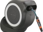 Wall-Mounted Hose Box RollUp S (white) 15 m: Versatile watering system for small gardens, swivel hose reel, with wall bracket, system parts and nozzle including 15 m Gardena hose (18602-20)