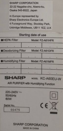 Sharp KC-A60EU-W Air Purifier & Humidifier with Plasmacluster + Brand New Extra Filters