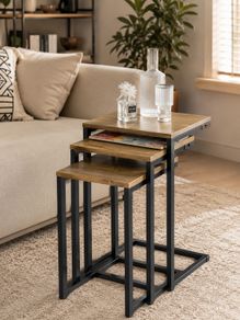Set of 3 Nesting Tables Modern Industrial Coffee Tables Space Saving Design Natural Wood and Black Metal
