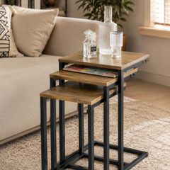 Set of 3 Nesting Tables Modern Industrial Coffee Tables Space Saving Design Natural Wood and Black Metal