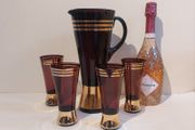 Fabulous Vintage Retro Mid-Century-Modern Hand Blown Tall Glass Pitcher with Four Matching Hi-Ball Glasses in Purple/Amethyst Glass with Rose Gold Gilt Banding - Prosecco Not Included!