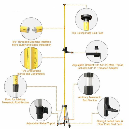 12 Ft./3.7m Laser Level Tripod Telescoping Pole with 1/4-Inch by 20-Inch Laser Mount for Rotary Included Rod & 5/8"-11 Adapter