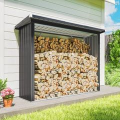 Covered Log Shelter Firewood Rack with Elevated Floor and Sloping Roof, Galvanized Steel 213x66.5x150cm Grey