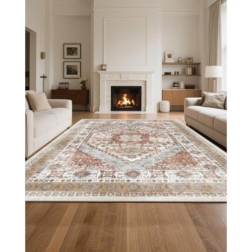 Area Rug, 8 x 10 ft Large Washable Rug, Non-Slip and Tear-Resistant Soft Carpet, Pet & Child Friendly Vintage Area Rugs, Indoor Mat for Bedroom, Living Room, Kids Room, Office, Brown Red