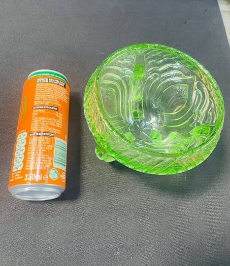 Vintage Sowerby Green glass bowl on three feet