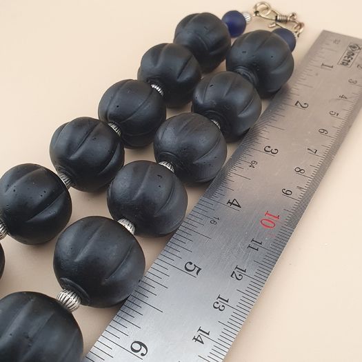 Antique African Style Dark Black Melon Shape Glass Beads Necklace
