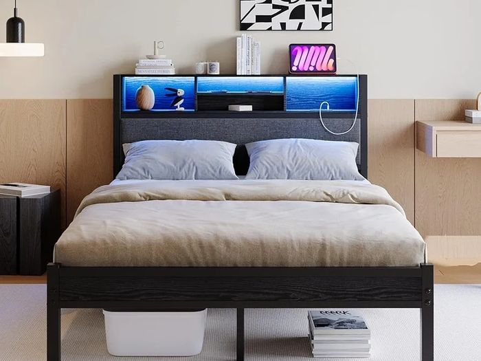 4ft6 Double Size Bed Frame with Storage Shelf Upholstered Headboard,Platform Bed Frame with Charging Station and LED Lights,Metal Bed Frame Double Size,No Box Spring Needed,Noise Free, Black+Grey