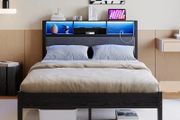 4ft6 Double Size Bed Frame with Storage Shelf Upholstered Headboard,Platform Bed Frame with Charging Station and LED Lights,Metal Bed Frame Double Size,No Box Spring Needed,Noise Free, Black+Grey