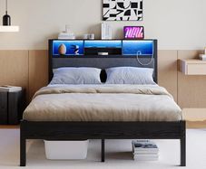 4ft6 Double Size Bed Frame with Storage Shelf Upholstered Headboard,Platform Bed Frame with Charging Station and LED Lights,Metal Bed Frame Double Size,No Box Spring Needed,Noise Free, Black+Grey
