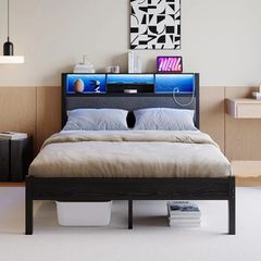 4ft6 Double Size Bed Frame with Storage Shelf Upholstered Headboard,Platform Bed Frame with Charging Station and LED Lights,Metal Bed Frame Double Size,No Box Spring Needed,Noise Free, Black+Grey