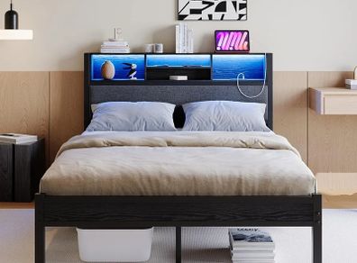 4ft6 Double Size Bed Frame with Storage Shelf Upholstered Headboard,Platform Bed Frame with Charging Station and LED Lights,Metal Bed Frame Double Size,No Box Spring Needed,Noise Free, Black+Grey