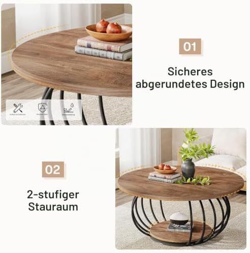 Round Coffee Table with Storage 2-Tier Metal Frame 100 x 100 x 46 cm Wood Grain