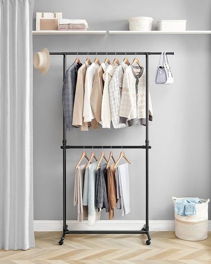 SALE | Double Clothes Rail, Clothing Rack with Extendable Top Rail, Clothes Rail on Wheels, 113-180 cm Height Adjustable Clothes Rack, Adjustable Middle Rail, Black