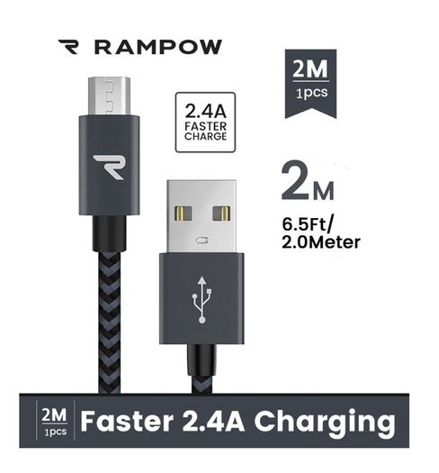 RAMPOW 2M Micro USB Fast Charging QC 3.0/2.0 & Data Sync Nylon Braided Cable (Brand New/Warranty)