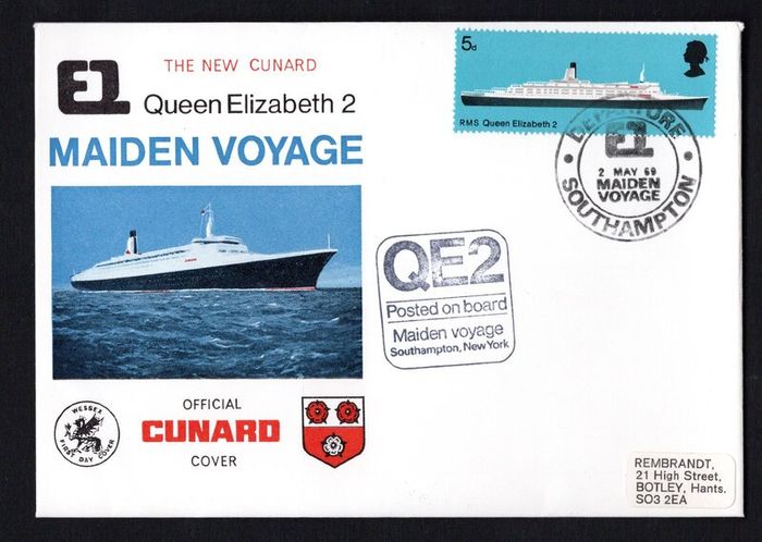 1969 Great Britain Cover Celebrating Maiden Voyage of the The New Cunard Queen Elizabeth 2 with Departure Southampton cancel tying stamp along with Posted on Board cancel