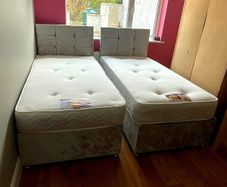 Brand New Stylish single Divan Beds.. Multiple Options Of Headboards. Tufted Memory Foam Mattresses Available. Drawers Storage Available
