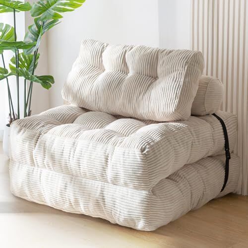 Folding Sofa Bed, Convertible Sleeper Chair with Pillow Foldable Mattress with Back Support, Portable Fold Out Chair Bed Comfy Floor Sofa Lounge for Living Room Bedroom, Beige