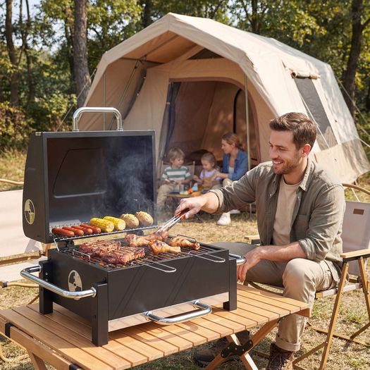 Steel Charcoal Grill Portable BBQ Smoker with Lid Adjustable Vents Two-Stage Charcoal Pan Thermometer