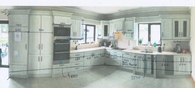 Kitchen & Island with 3nr Leather Stools & Pendant