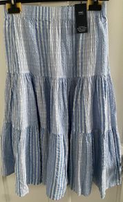 M&S blue striped cotton tiered midi skirt - brand new