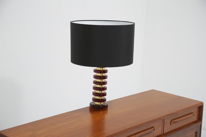 Vintage Swedish Amber Glass & Brass Table Lamp by MAE Lighting, 1960s.