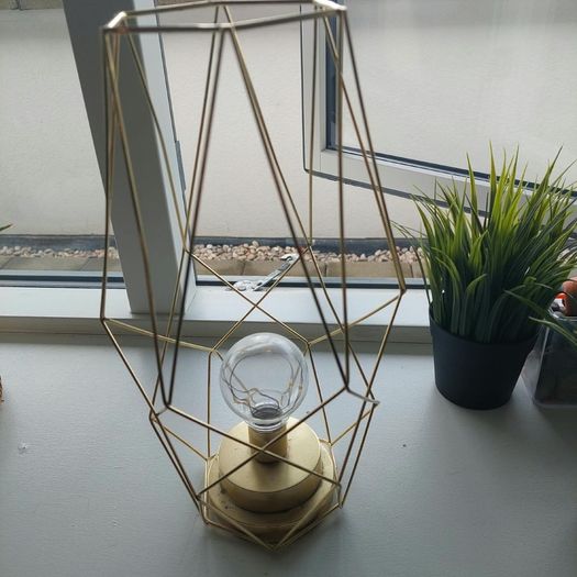 Geometric gold wire lantern lamp and two artificial grass plants