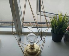 Geometric gold wire lantern lamp and two artificial grass plants
