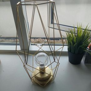 Geometric gold wire lantern lamp and two artificial grass plants