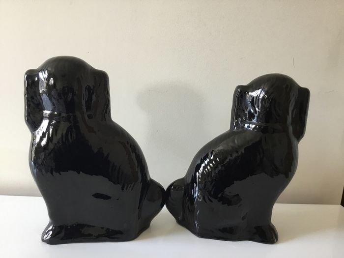 Antique Sadler  black Mantle dogs with glass eyes