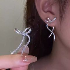 Ribbon Bow Silver Color Drop Earrings material metal