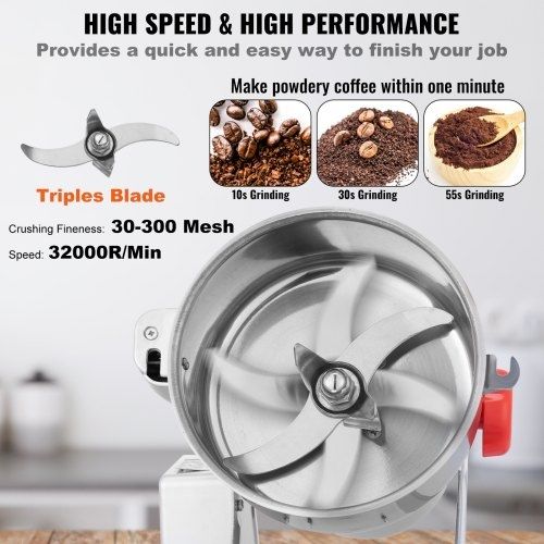 2500g Electric Grain Mill Grinder, High Speed 3400W Commercial Spice Grinders, Stainless Steel Pulverizer Powder Machine, for Dry Grains Spices Cereals Coffee Corn Pepper, Swing Type