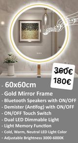LED Bathroom Mirror Round 60cm Gold Music Fog Free