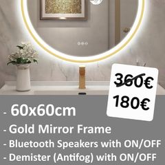LED Bathroom Mirror Gold Frame 60cm Speakers Defogger Light Memory Function 3 Color Temperature