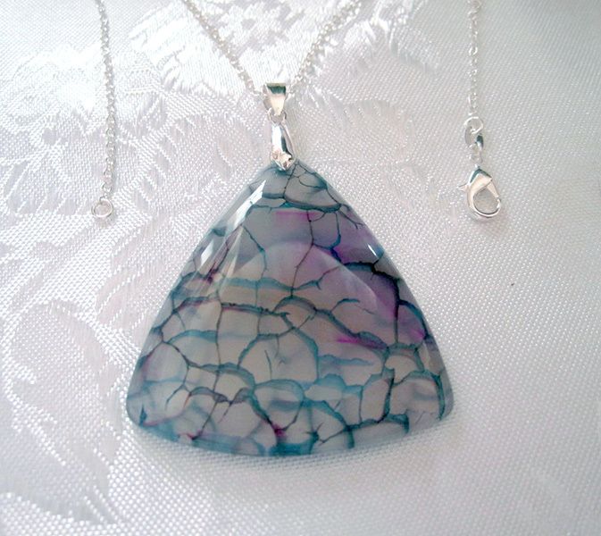 Gemstone Drop Triangle Blue Pink Faux Agate Pendant with silver plated necklace 018043