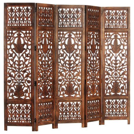 Hand Carved 5-Panel Room Divider Brown 200x165 cm Solid Mango Wood