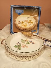 H.Samuel Oven-to-tableware Flan Dish  with Silver plated holder and Server